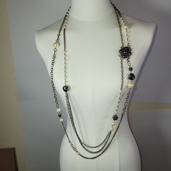 Lia Sophia Layered Mixed Chain Necklace With Faux Pearl & Black Bead Accents - Picture 1 of 6